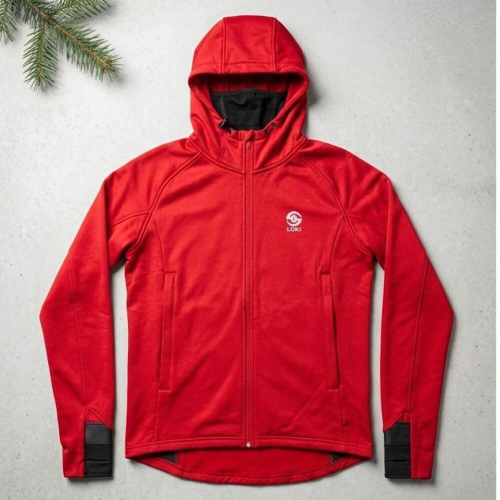LOKI Men's M All-In-One Tech Hoodie Red Built-In Mitts Face Mask Tech Fleece